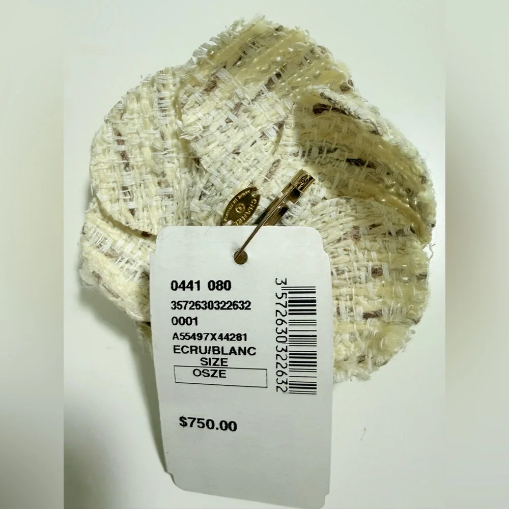 Chanel Tweed Camellia Brooch Ecru White NWT Saks Fifth Avenue Valentine Gift